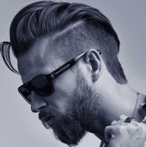 Textured Slick Back + Short Sides + Part + Thick Beard