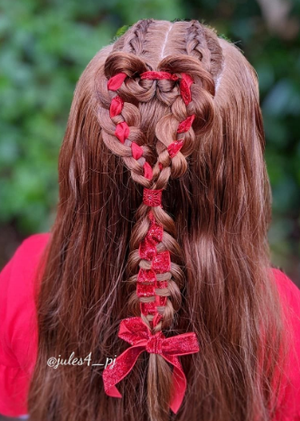 dutch braid hair with red ribbon