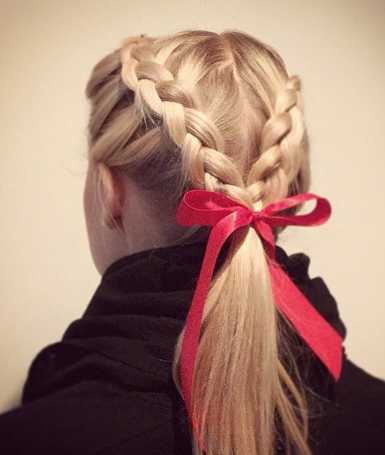 dutch braid hair with red ribbon